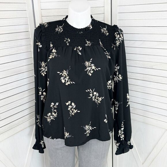 J. Crew Floral Smocked Ruffle Trim Blouse Black Tan Large - Picture 1 of 12